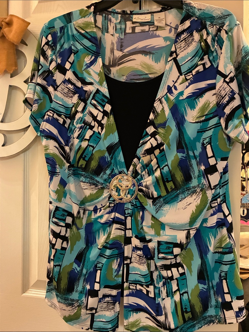 Kim Rogers Kasper Teal, Blue & Green Abstract Knit Tunic with Center Ring